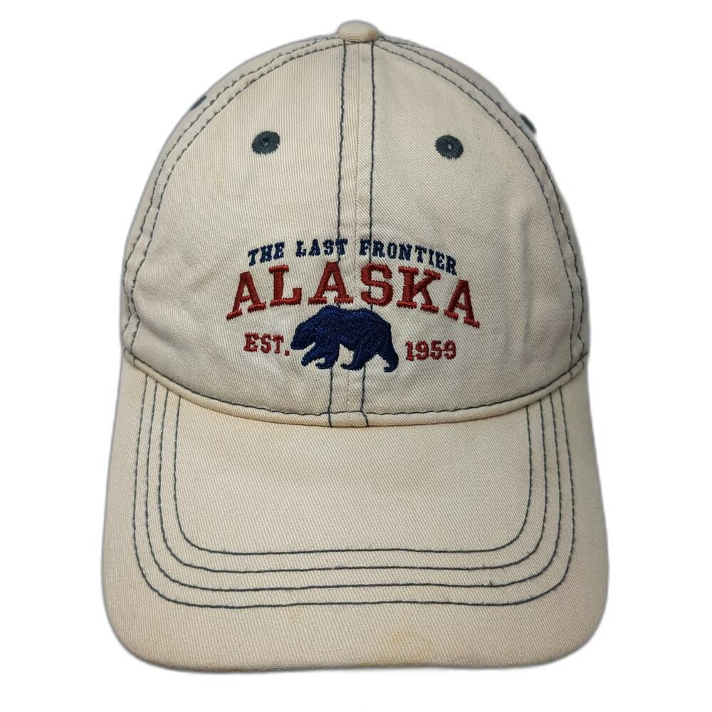 Mountain Baseball Cap Beige OSFM Alaska Bear Last Frontier Slideback Hat Blue